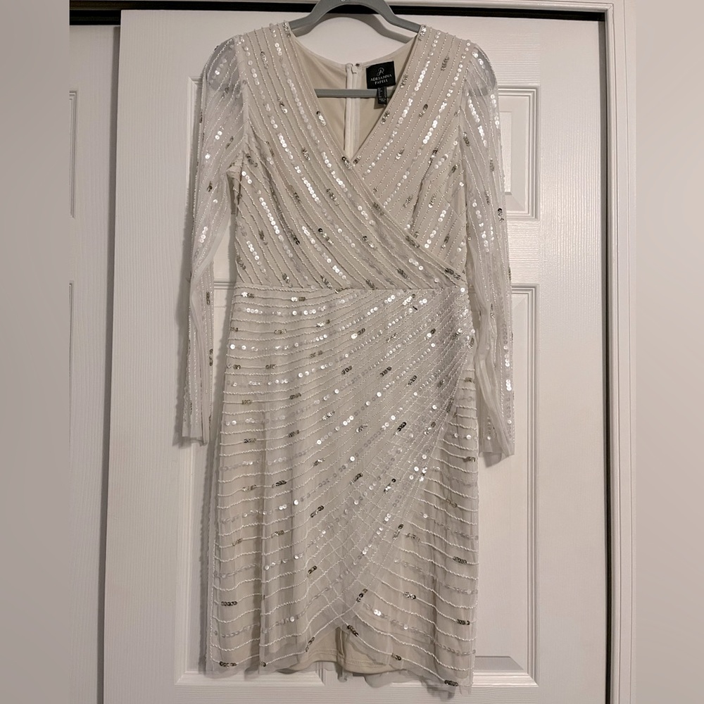 Adrianna Papell Long Sleeve Sequin Beaded Wrap Dress in Ivory Pearl Size 6